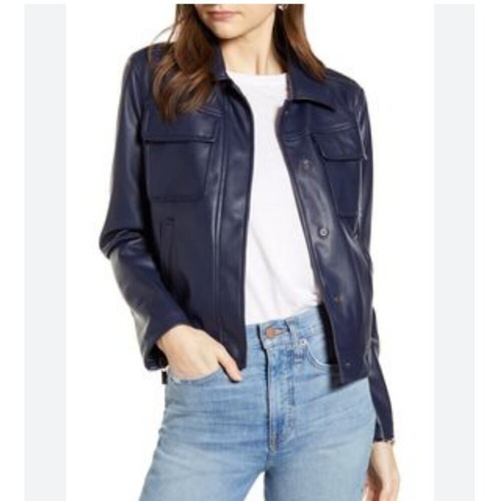 Something Navy Boxy Faux Leather Jacket Vegan Women's XL Shacket Patch Pockets